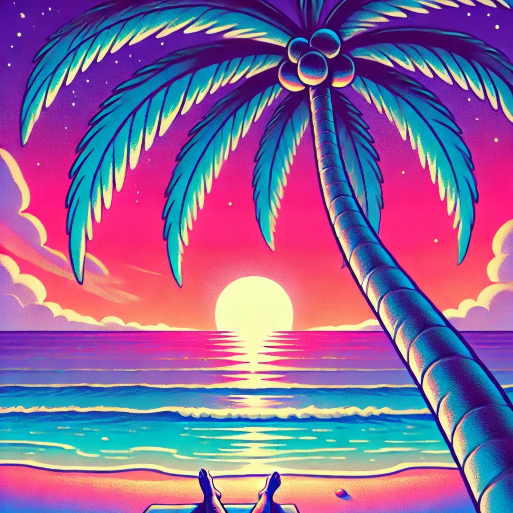 an AI generated image with the prompt create an image of palm tree with dusk in ocean like pov resting on the sand of that beach, make it colorful but cartoonish but not too surreal